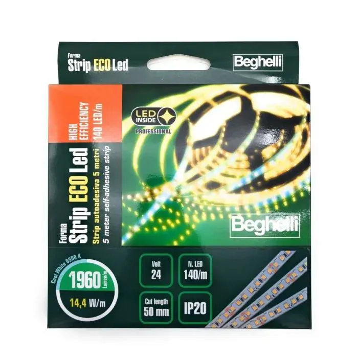 Autentico STRISCIA LED 24V DC14.4W\\/MT IP20 6500K LUCE FREDDA STRIP ADESIVA MT 5 BEGHELLI 56651