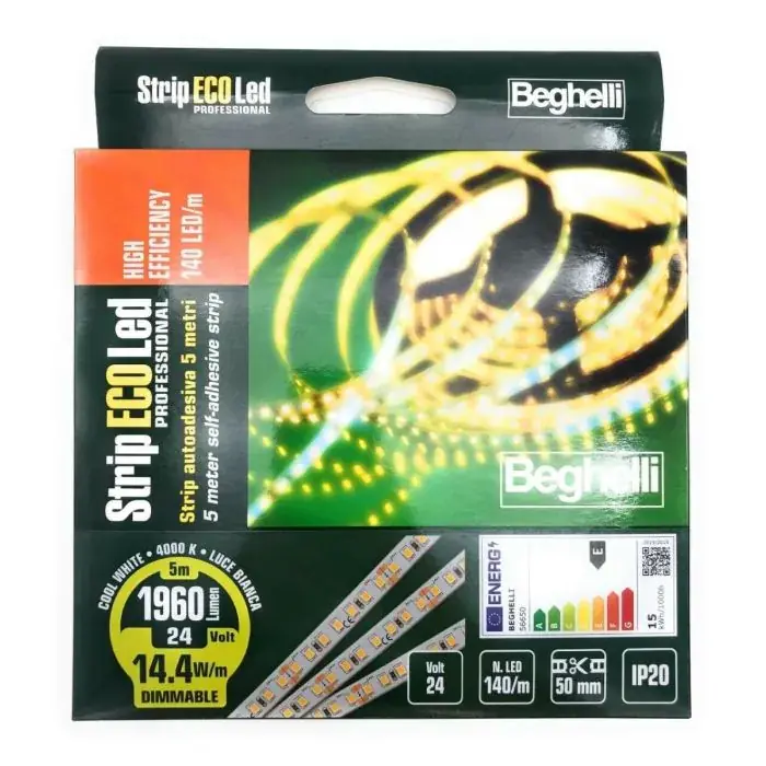STRISCIA LED 24V DC14.4W\\/MT IP20 4000K LUCE NATURALE STRIP ADESIVA MT 5 BEGHELLI 56650 Ordine In Blocco